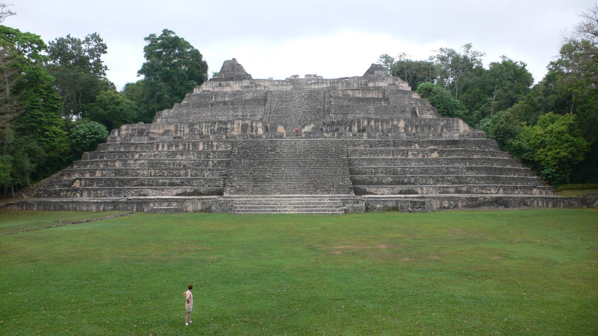 Side view of the Caana pyramid rising above the Caracol jungle canopy