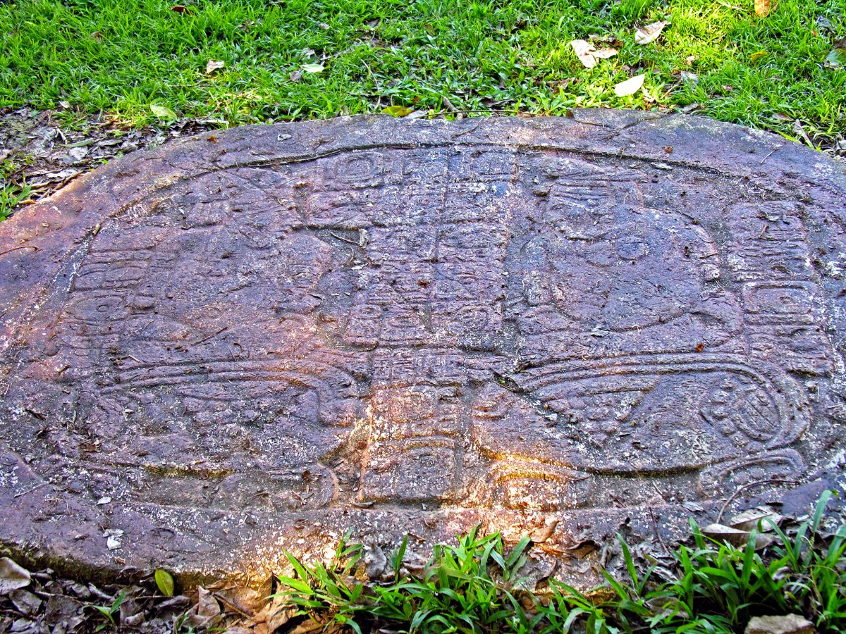 Carved altar at Caracol depicting captives taken from rival cities Bital and Ucanal