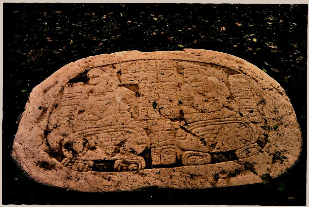 Carved stone stela near the Caana pyramid at Caracol, Belize