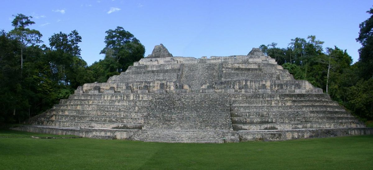 A stepped Maya temple structure at the Caracol archaeological site