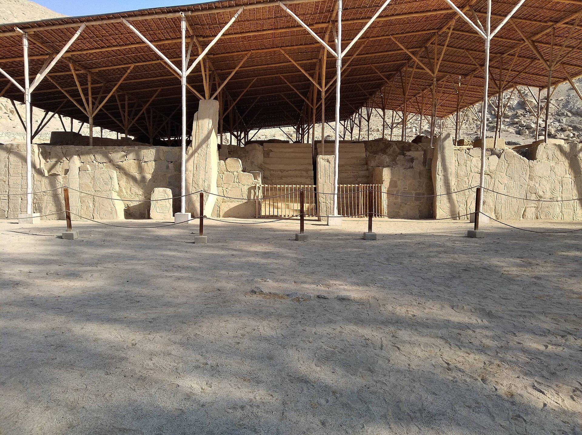 The stone-faced temple of Cerro Sechin on the coastal plain of the Casma Valley.