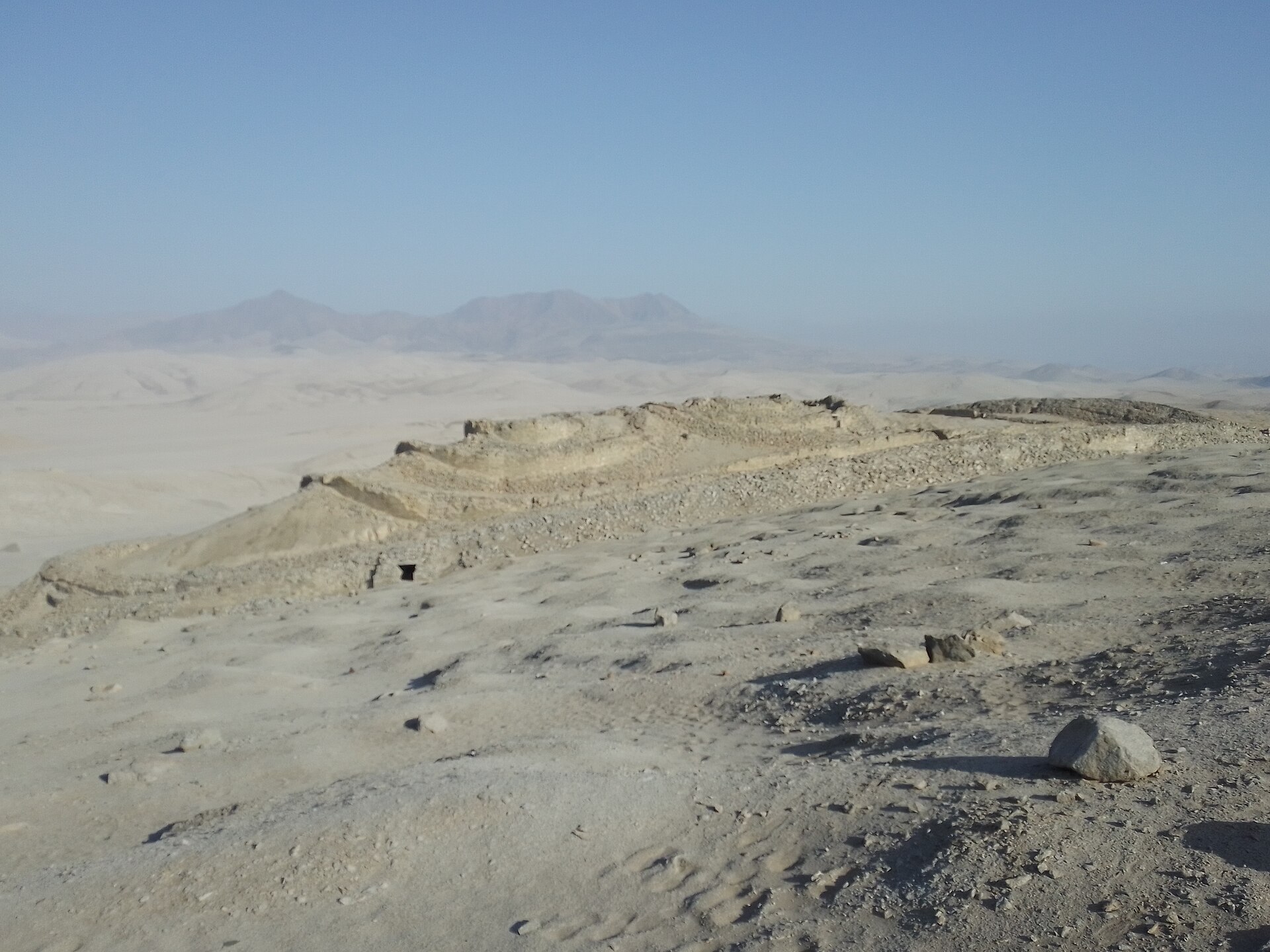 A panoramic view across the Chankillo complex, spread out in the desert of the Casma valley.