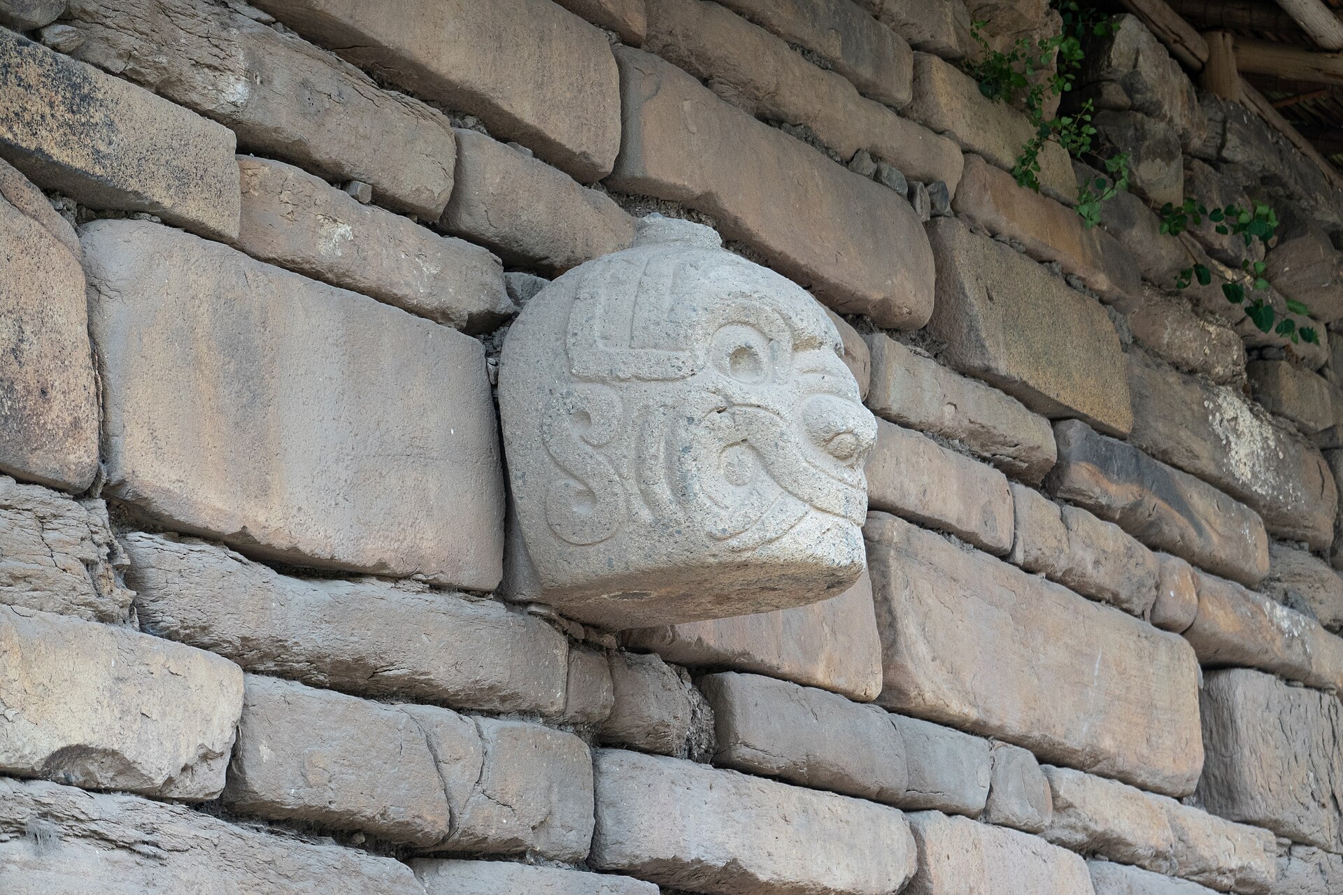 A carved stone tenon head projecting from a wall. Rows of these once glared down from the upper temple.