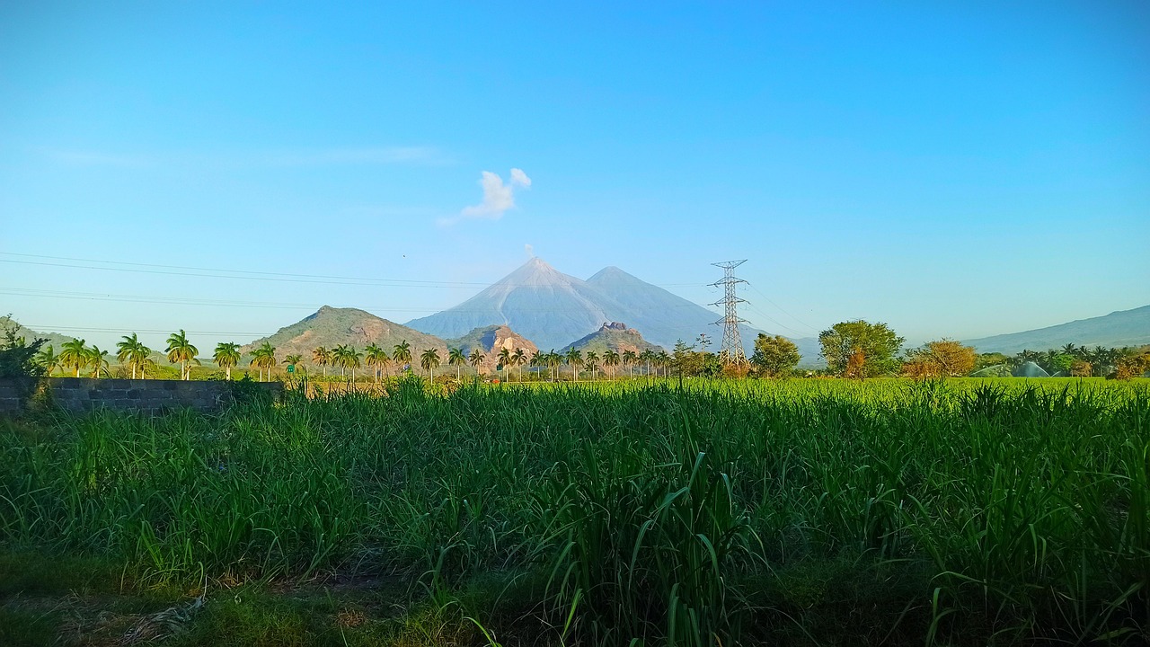 Farmed fields at the foot of a volcano