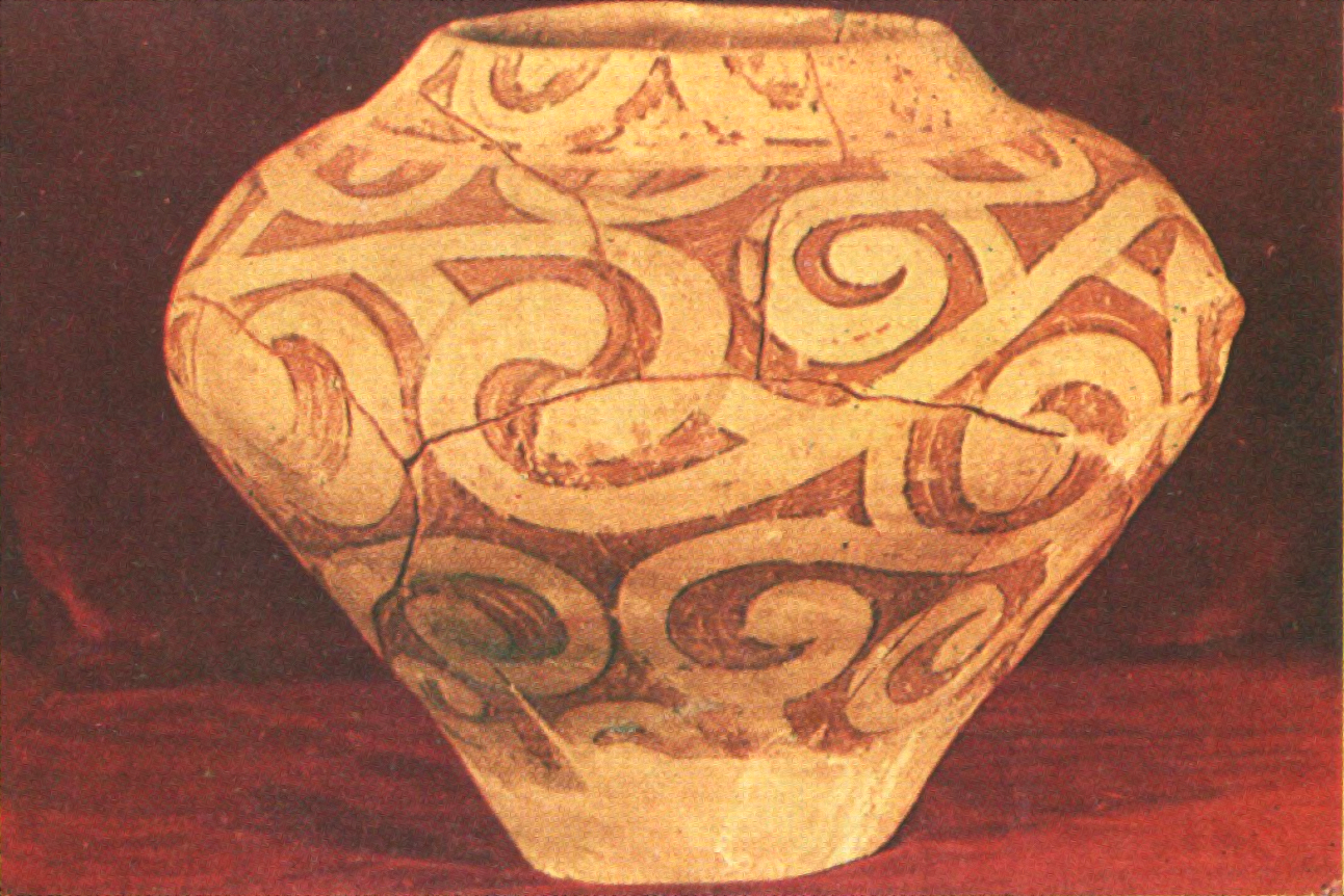 A painted Cucuteni vessel from Traian, its surface alive with fine spiral ornament.