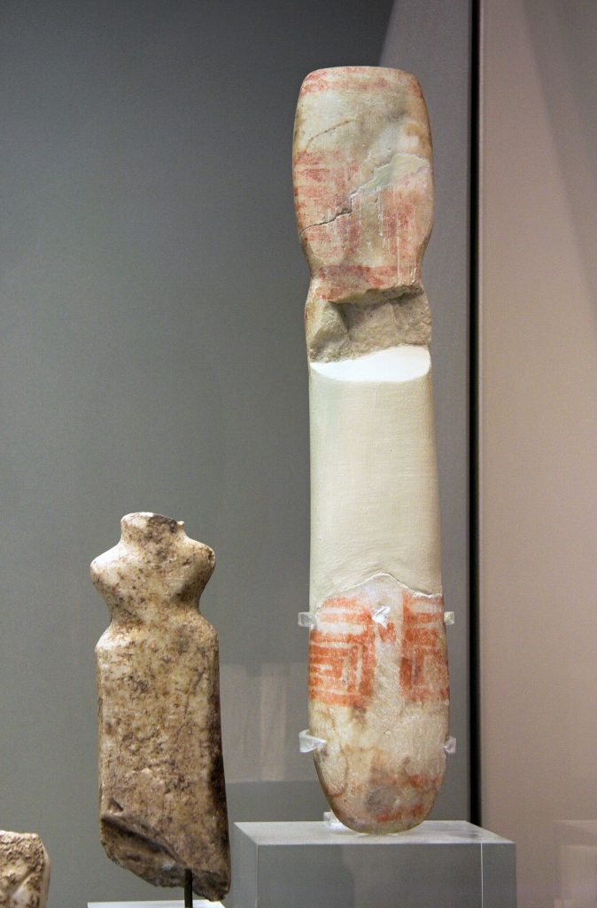 Stone schematic or rather violin-shaped anthropomorphic figurine. Late Neolithic II (4800-4500 BC) from Sesklo or rather Dimini. Archaeological Museum of Athens, inv. no. 5993. Marble schematic anthro