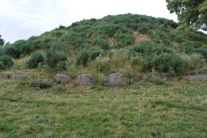 Dowth seen from another angle, its bulk settled into the land
