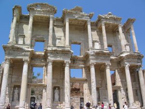 The facade of the Library of Celsus in warm light