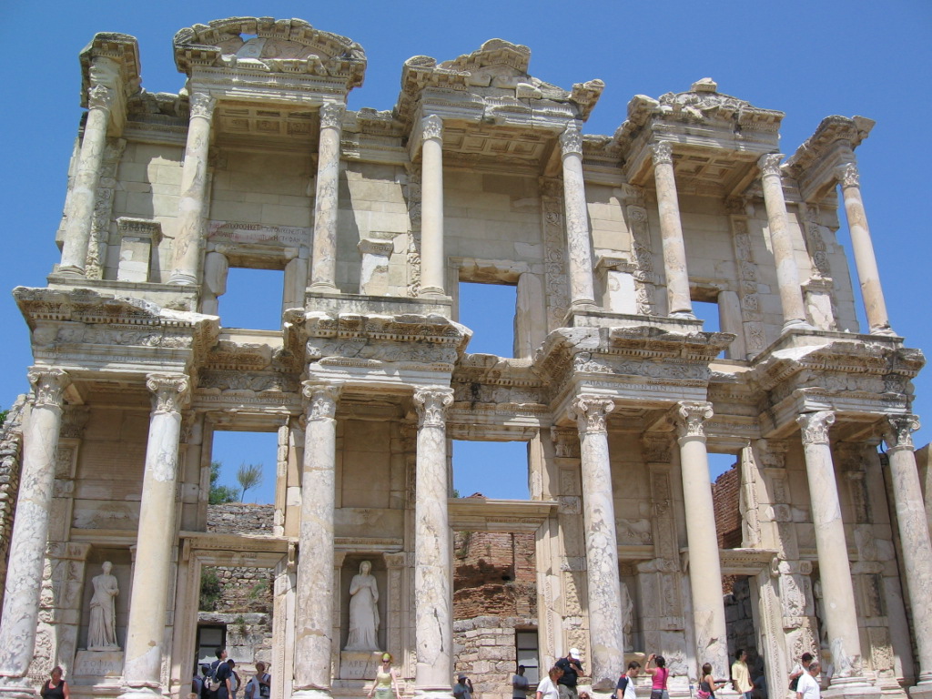 The facade of the Library of Celsus in warm light