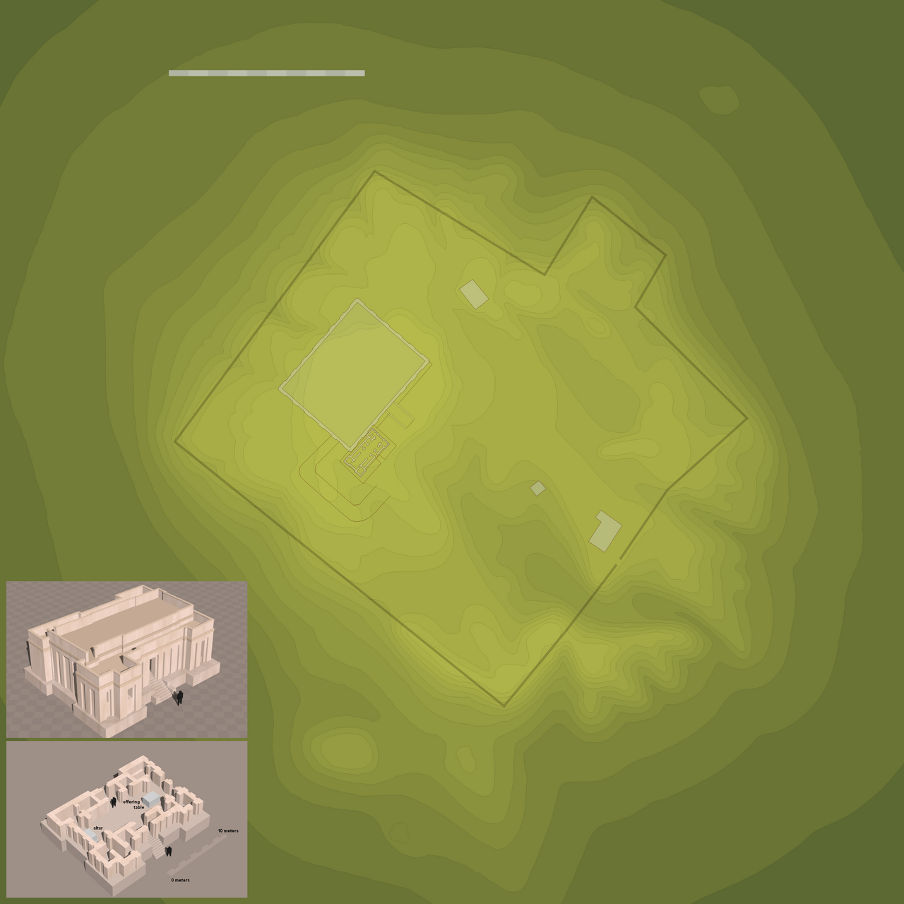 Rough map of the Eridu mound showing the main ziggurat, temple, and a few buildings
