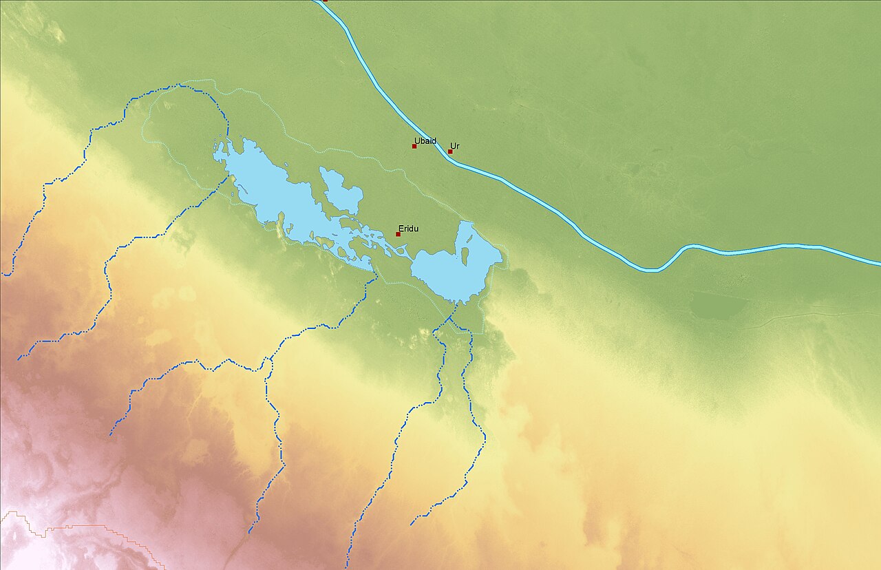 I created this map in GIS using open source data. It shows the relationship of Eridu to other Sumerian cities, the Euphr