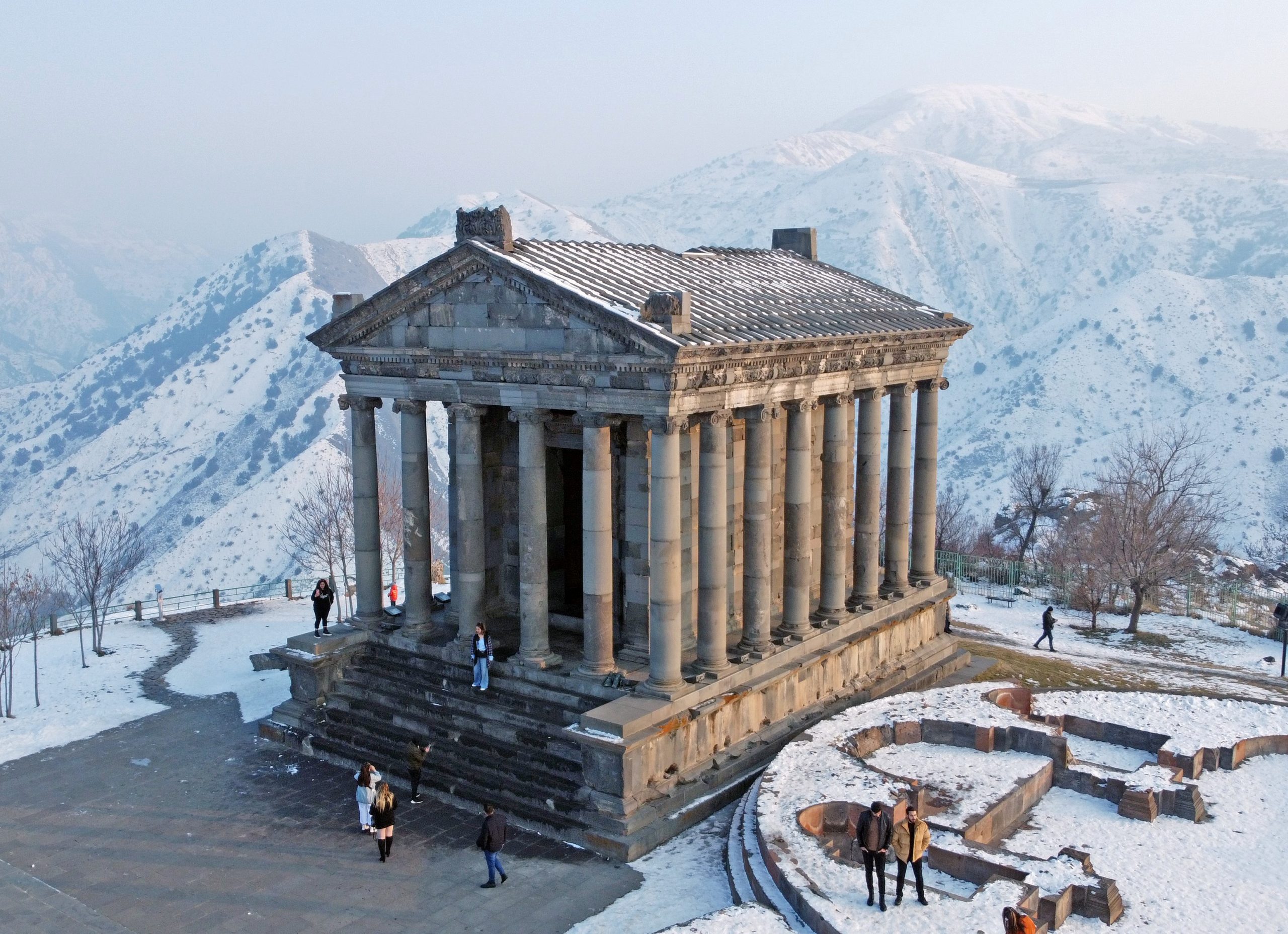 An aerial view of the temple of Garni on its promontory