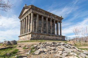 The temple of Garni against the surrounding hills