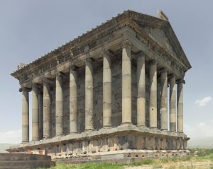The temple of Garni standing on the edge of the gorge