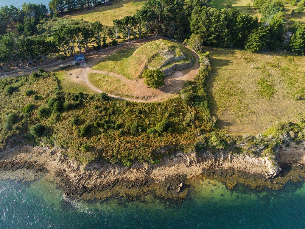 Aerial view of the Gavrinis cairn on its small island in the Gulf of Morbihan