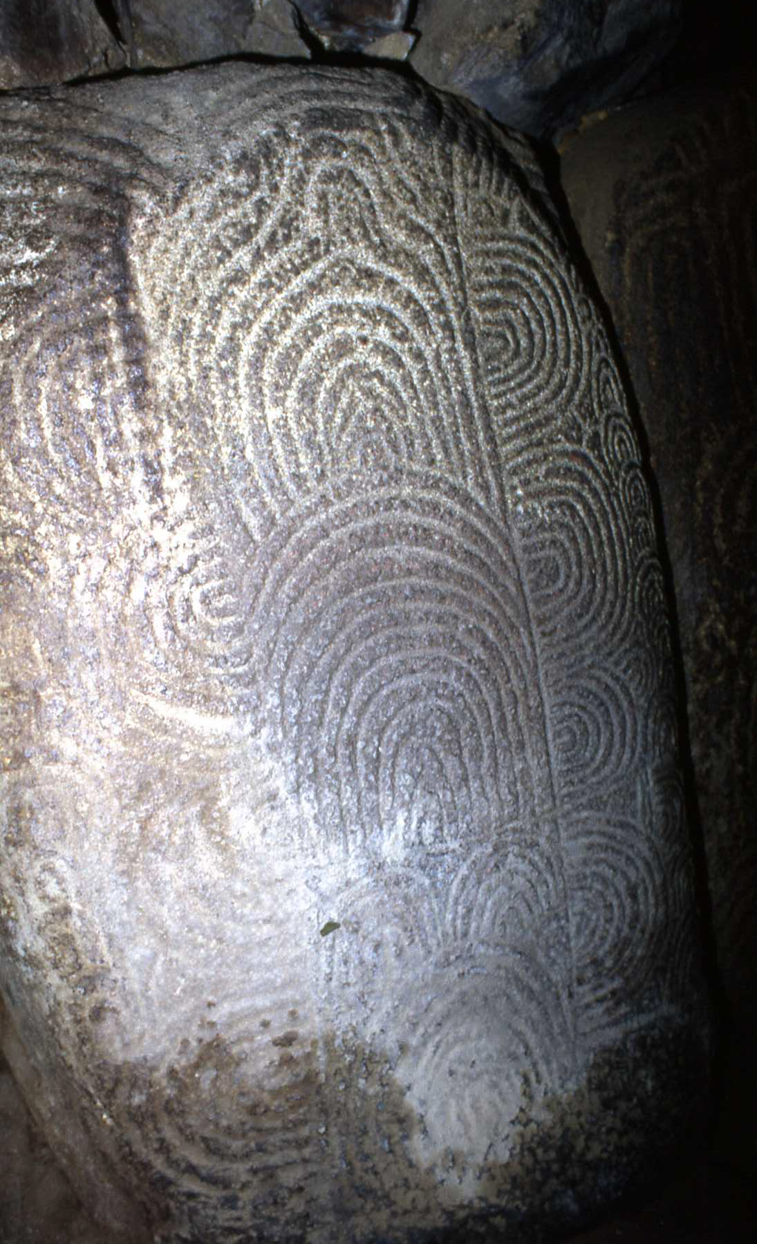The carved stone passage inside Gavrinis, its slabs lined with dense engraving