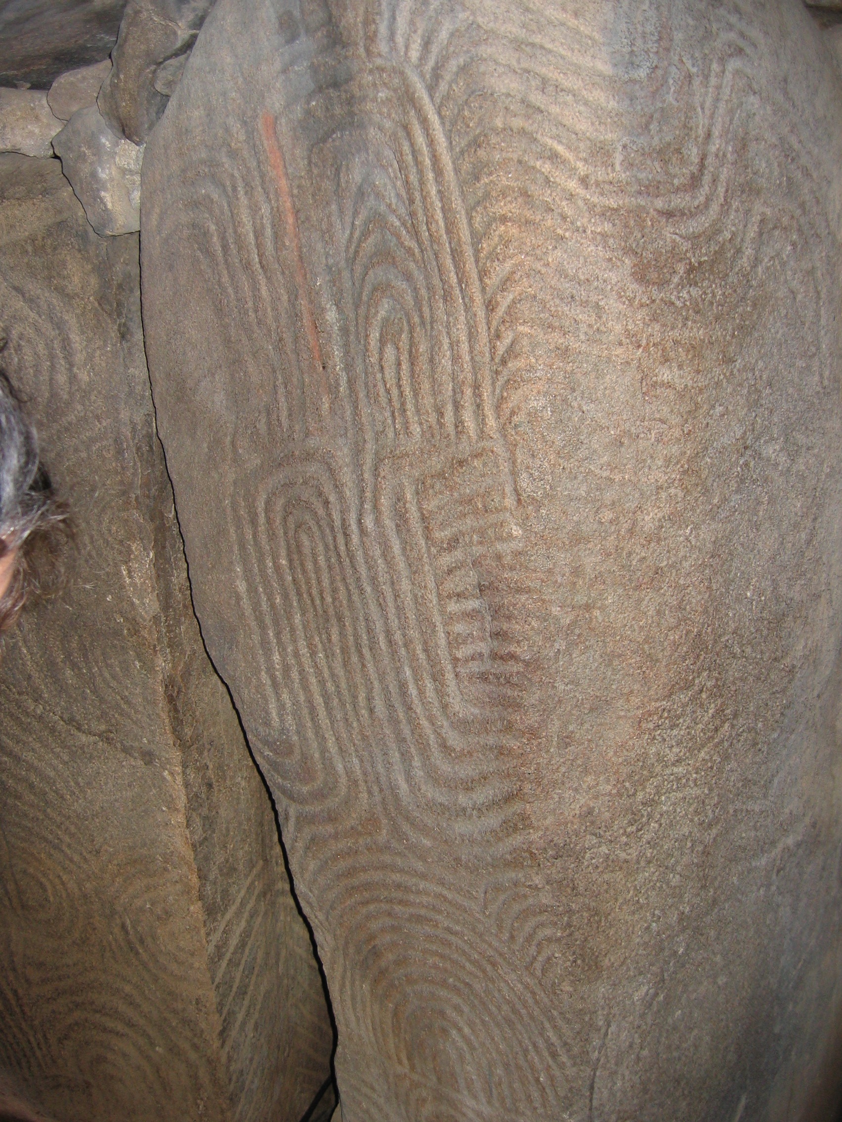 Close view of an engraved slab covered with swirling nested motifs at Gavrinis