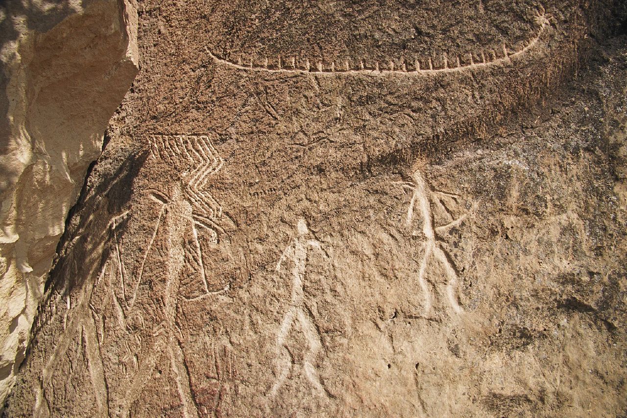 Ancient petroglyphs carved into rock at Gobustan