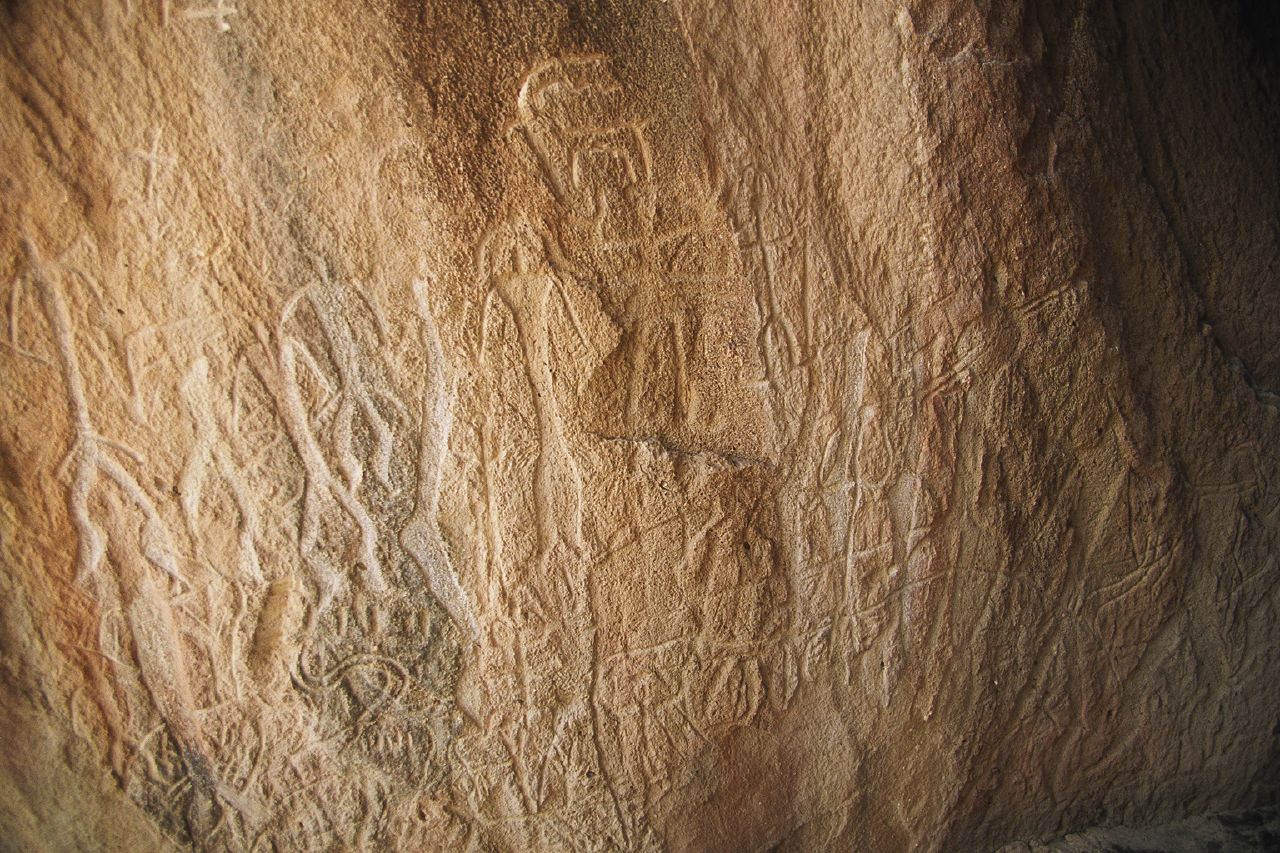 Prehistoric carvings on a rock face at Gobustan