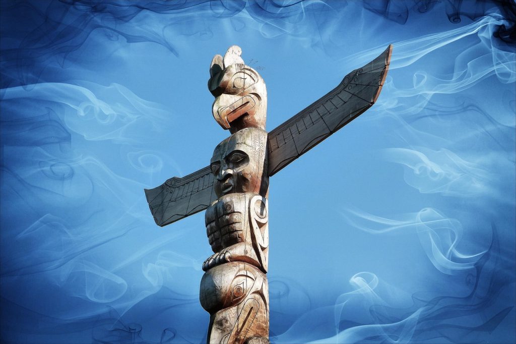 Crest poles raised at potlatch ceremonies publicly display family history and rank.