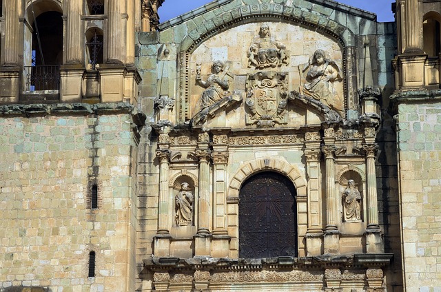 A cathedral pediment in Oaxaca, a legacy of Spanish colonial rule