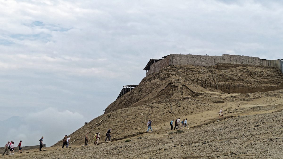 An excavated adobe platform structure at Huaca de la Luna