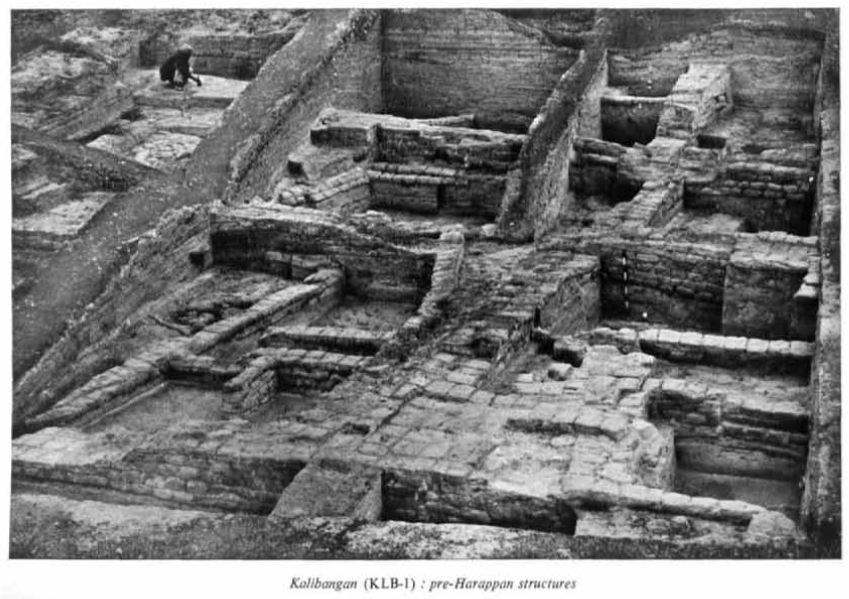 Weathered pre-Harappan mudbrick structures exposed by excavation at Kalibangan