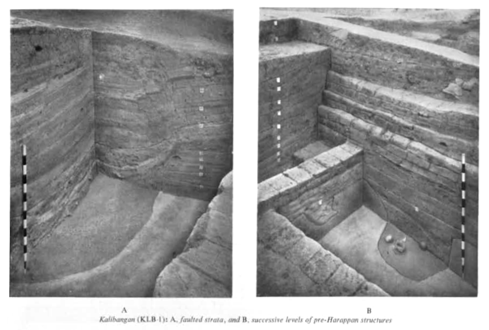 Layered structural strata at Kalibangan, showing successive building phases stacked in the mound