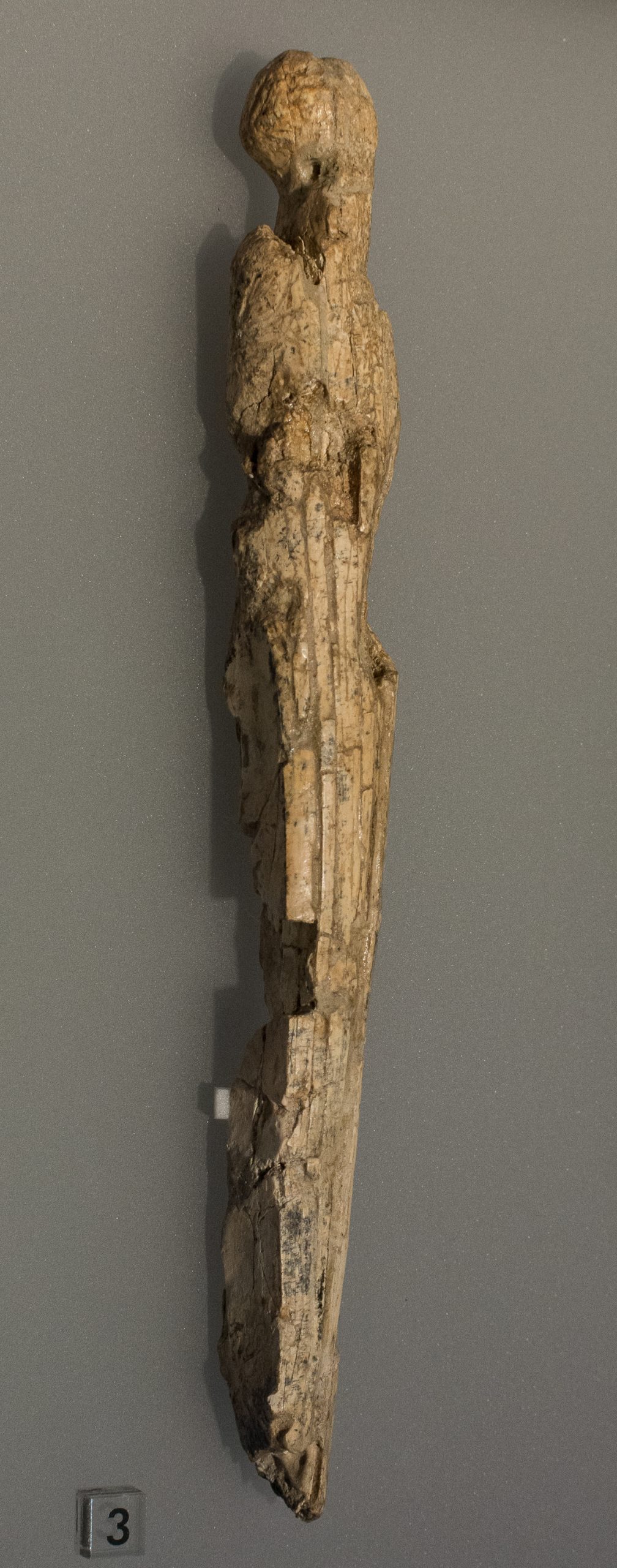 Blank or fragment of a woman statuette by Kostenki, mammoth ivory, original, exhibited in the Archaeological Museum Hamburg (Ice Ages - The Art of the Mammoth Hunters from October 18, 2016 to May 14,