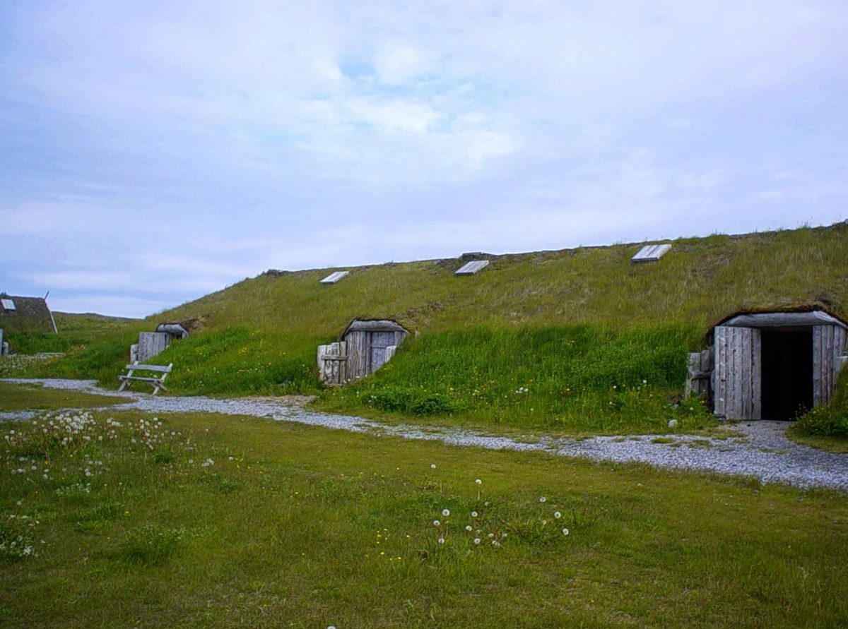 Interior of a reconstructed Norse longhouse at L'Anse aux Meadows