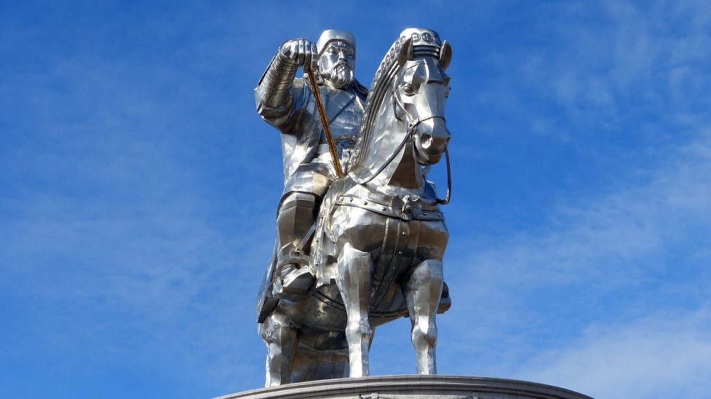 Monuments across the steppe carry the old script that curls down the page.