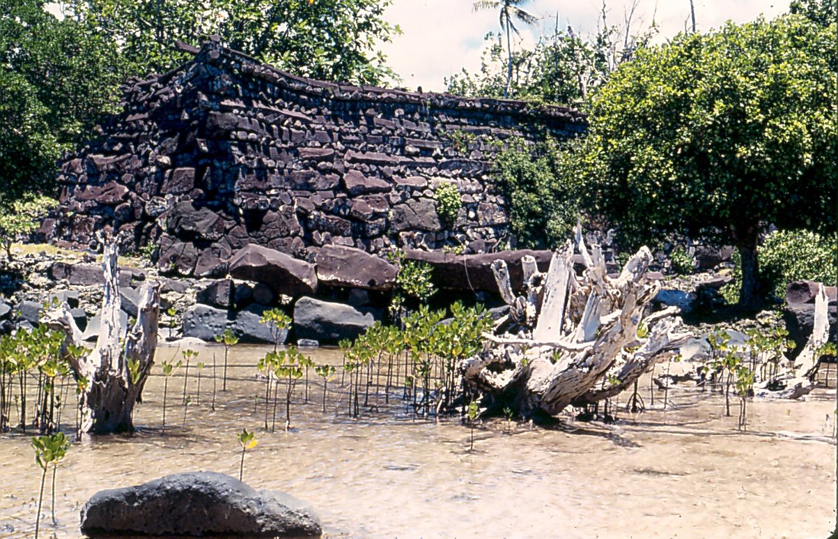 The central mortuary enclosure of Nandauwas exposed at low tide, the ceremonial heart of the reef city.