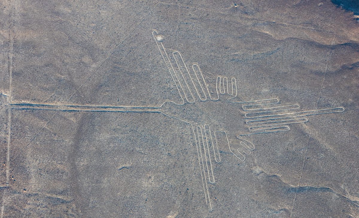 Aerial view of the Nazca Lines etched into the Peruvian desert
