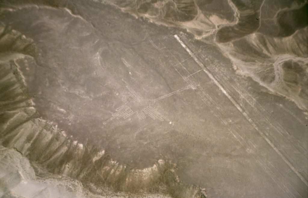 The hummingbird geoglyph among the ancient Nazca Lines in Peru