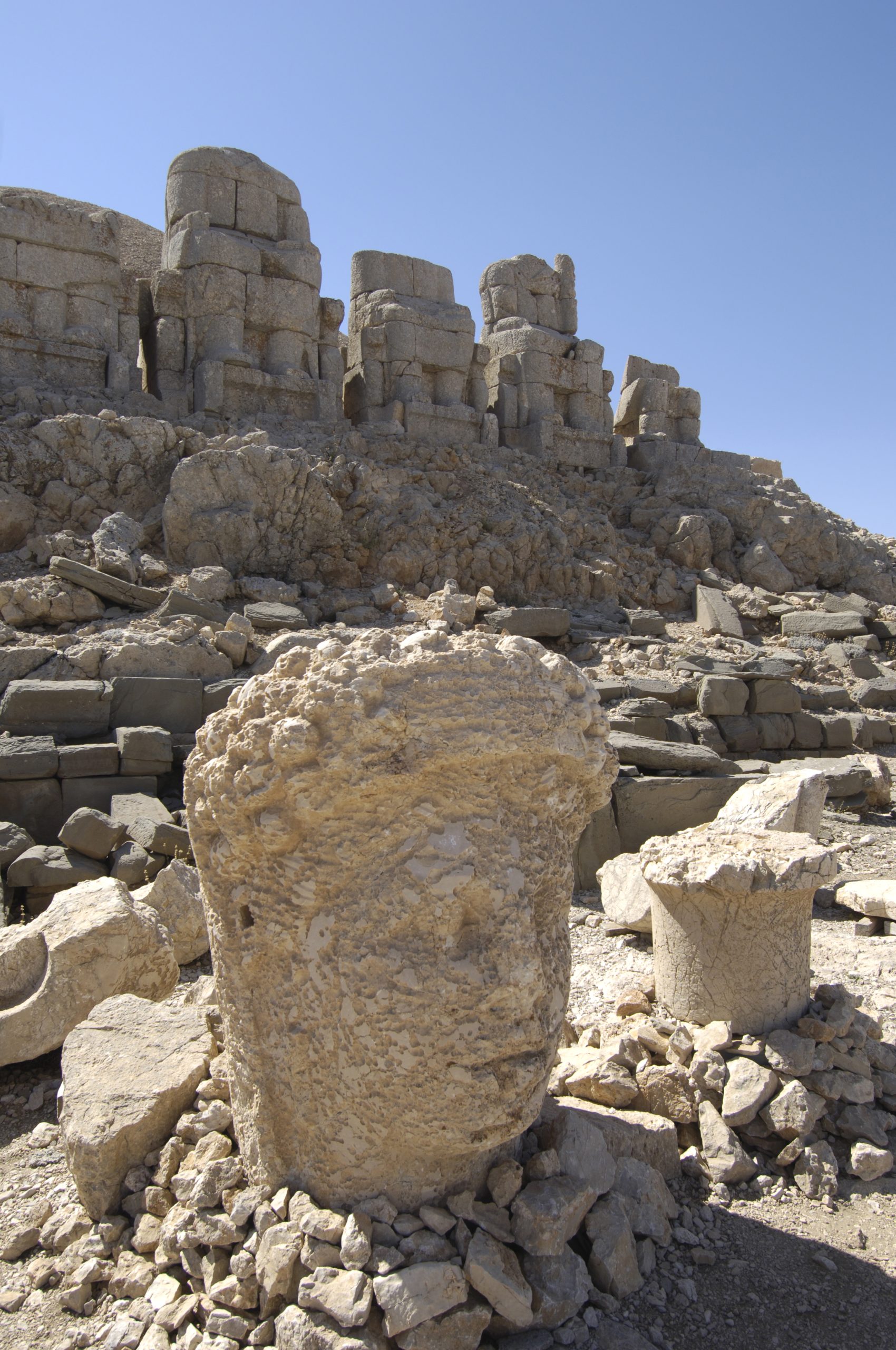 A close-up of the giant limestone head of the goddess of Commagene