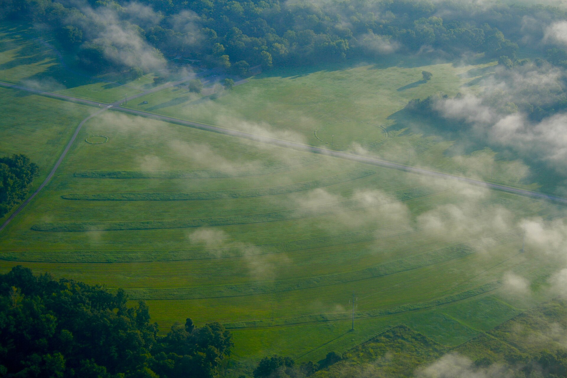The concentric earthen ridges of Poverty Point, low from the ground but striking from above.