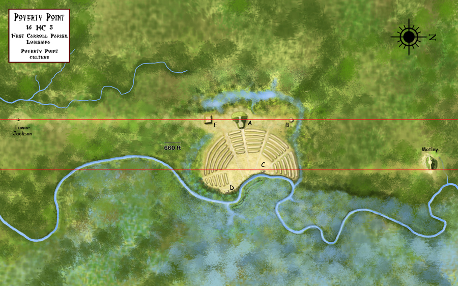 A reconstruction of Poverty Point, showing the concentric C-shaped ridges wrapped around a central plaza.