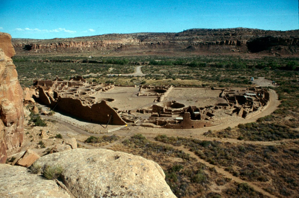 Aerial view of Pueblo Bonito great house ruins at Chaco Canyon