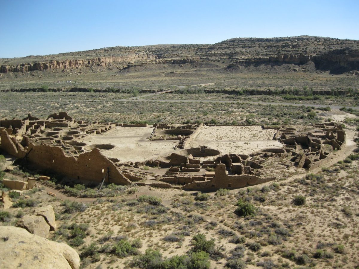 Pueblo Bonito ruins viewed from the cliff above Chaco Canyon