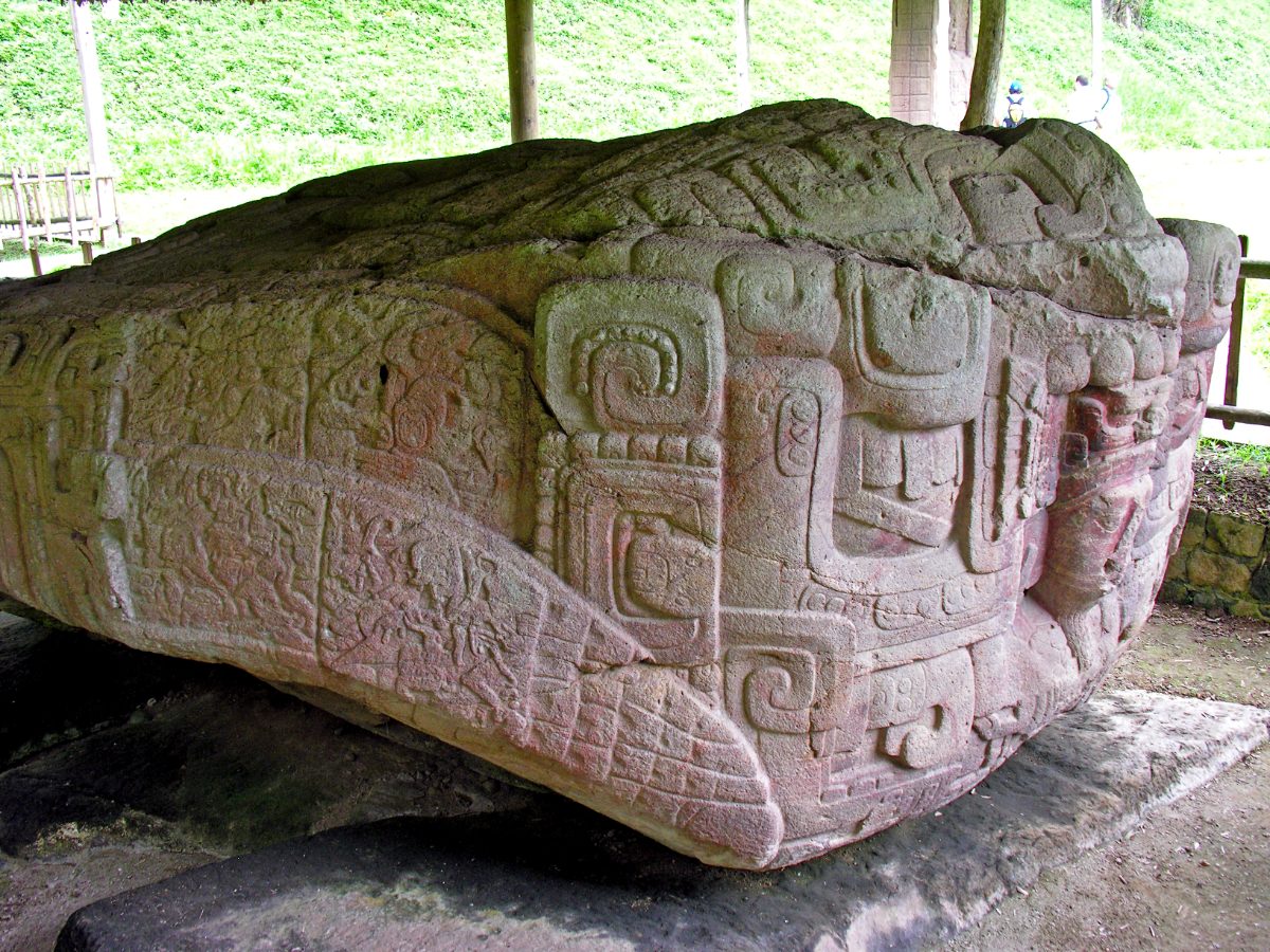 View of the Quirigua archaeological park with its plaza and monuments