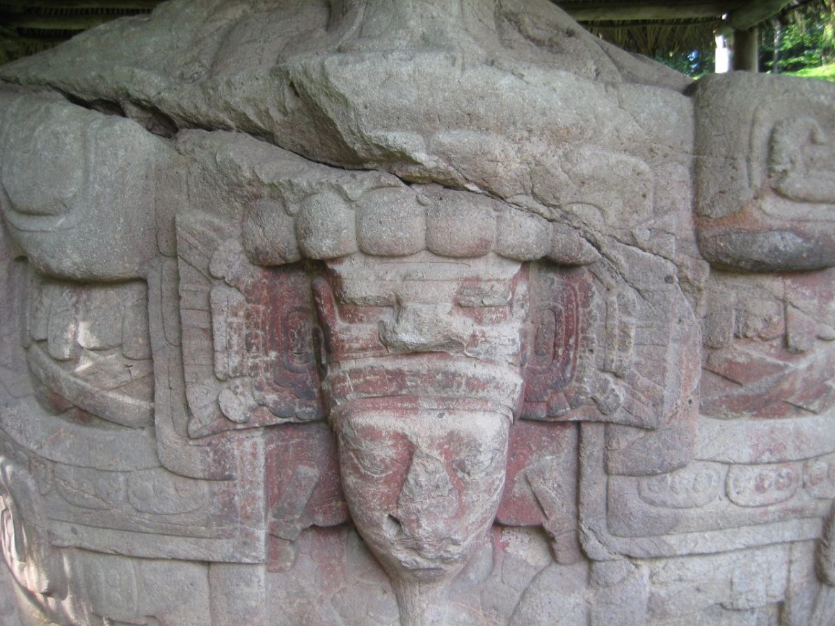 Full view of a large carved zoomorph sculpture at the Quirigua archaeological site