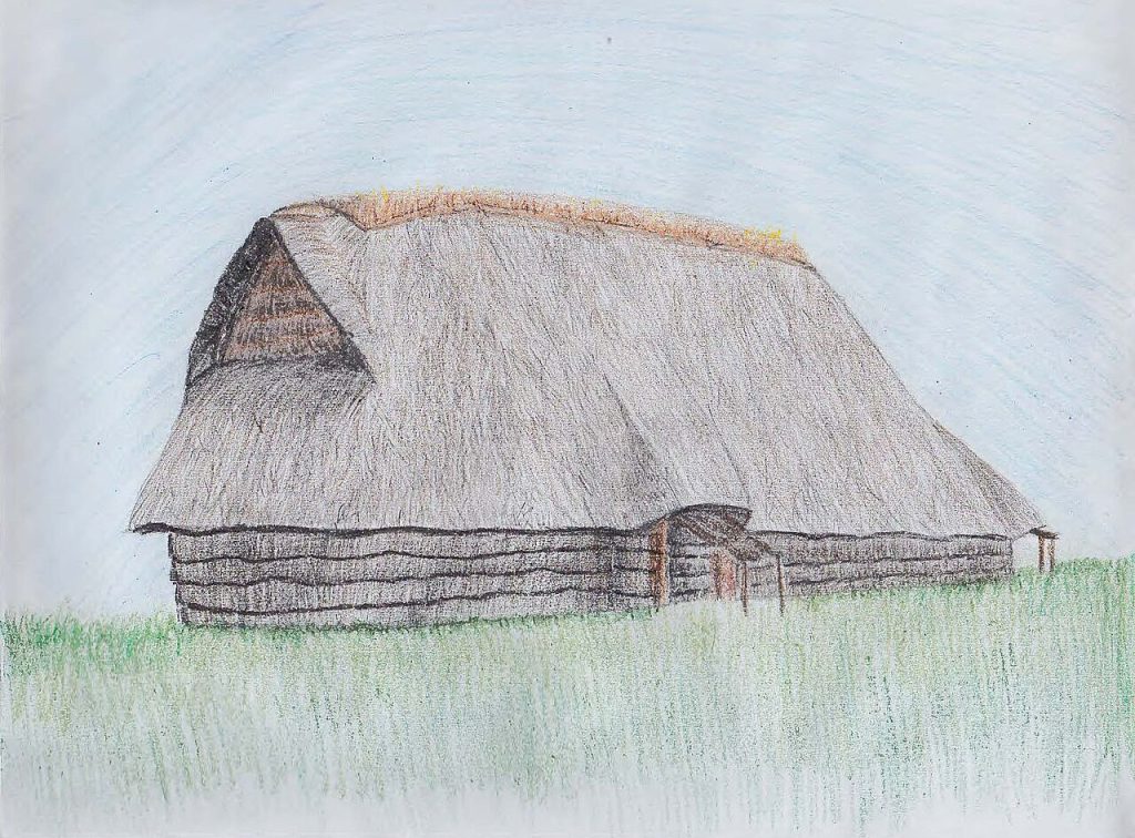 This is an illustration of what a longhouse in the Sannai Maruyama settlement would have looked like during the Jomon pe