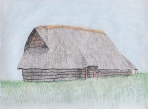 This is an illustration of what a longhouse in the Sannai Maruyama settlement would have looked like during the Jomon pe