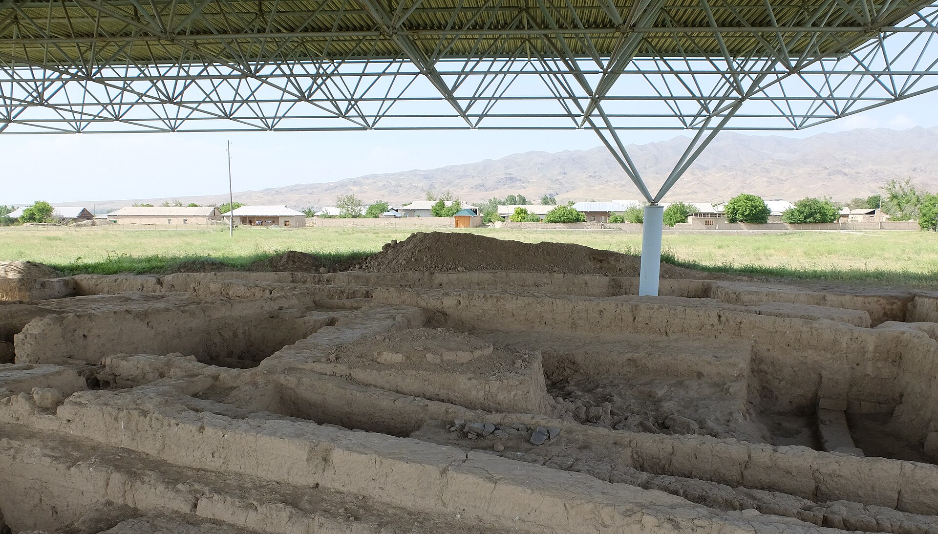 The Sarazm site spreads across the Zravshan valley floor, ringed by the mountains that shaped its story.
