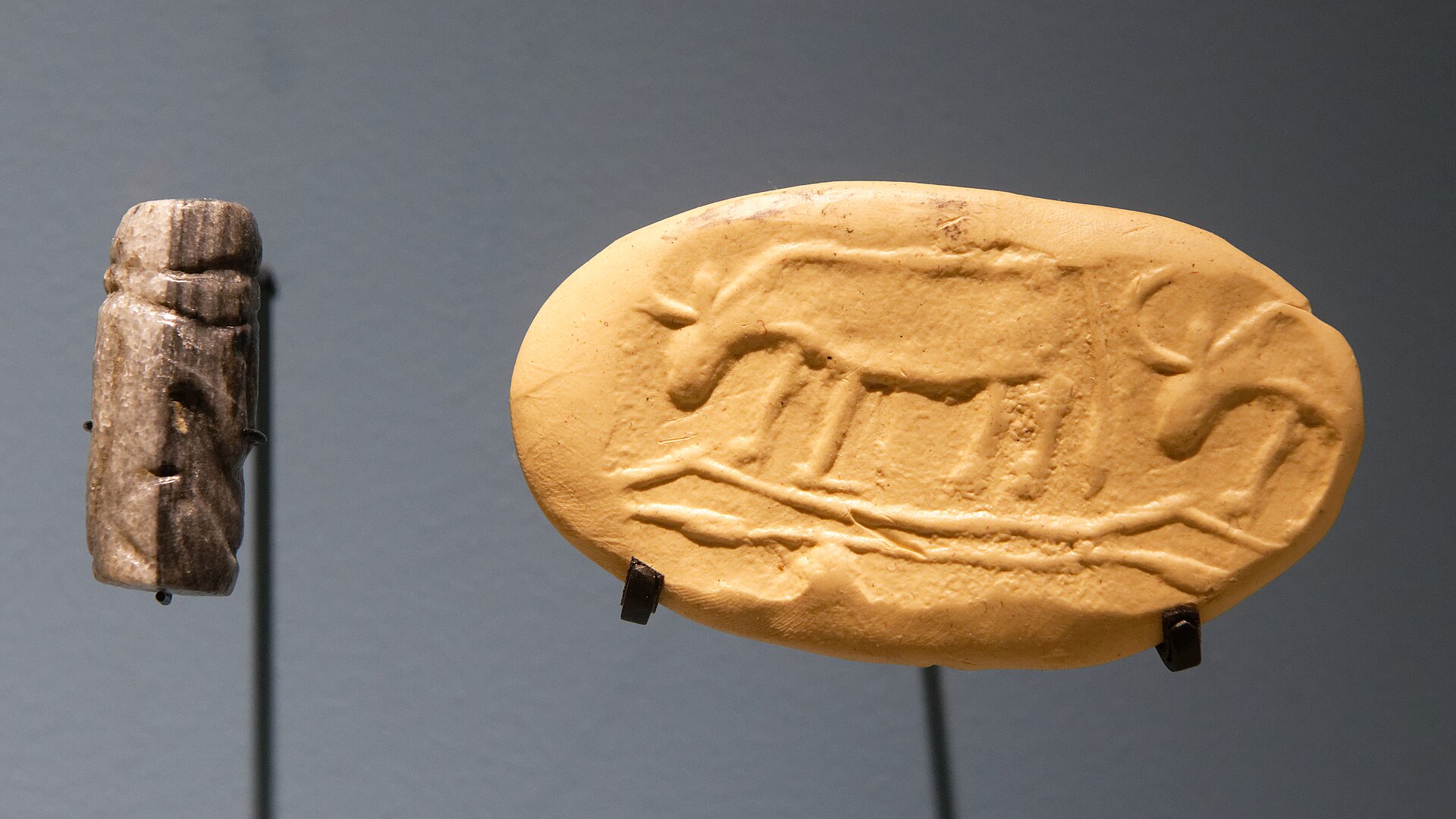 A cylinder seal from Sarazm carved with a cow motif, the kind of object that hints at ownership and exchange.