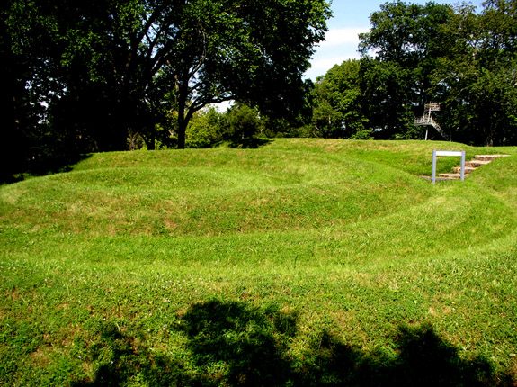 The tightly coiled spiral tail of the Great Serpent Mound