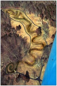 Aerial view of the Great Serpent Mound effigy earthwork in Ohio