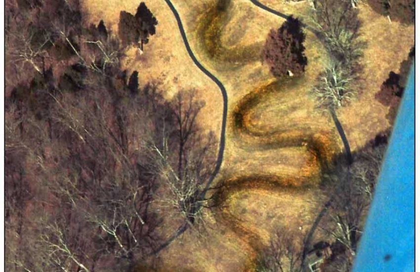 Aerial view of the Great Serpent Mound effigy earthwork in Ohio