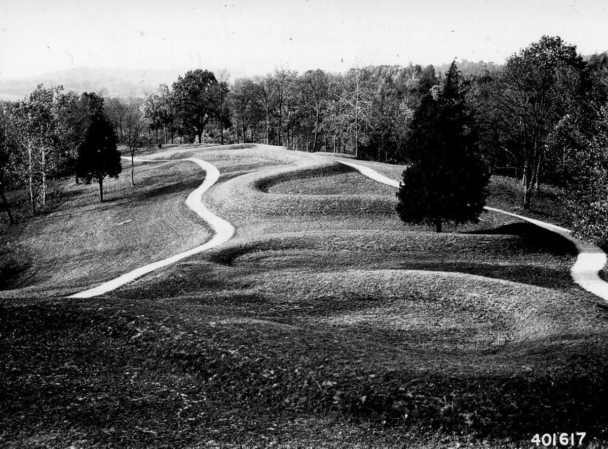 Historic photograph of part of the Serpent Mound in Serpent Mound State Park