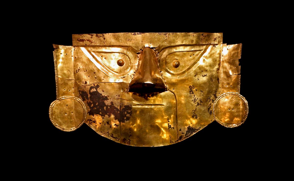 A gold funerary mask from the Lambayeque region of Peru
